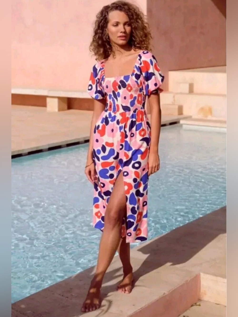 Mister Zimi Keira Pink Abstract Print Midi Cover-Up with Blue & Coral Accents
